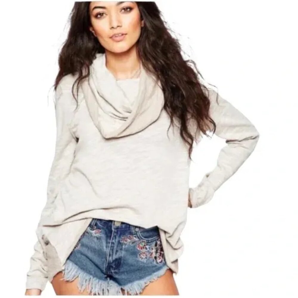 Free People Beach Oatmeal Lightweight Cocoon Cowl Neck Top OS Boho Flowy Gauzy